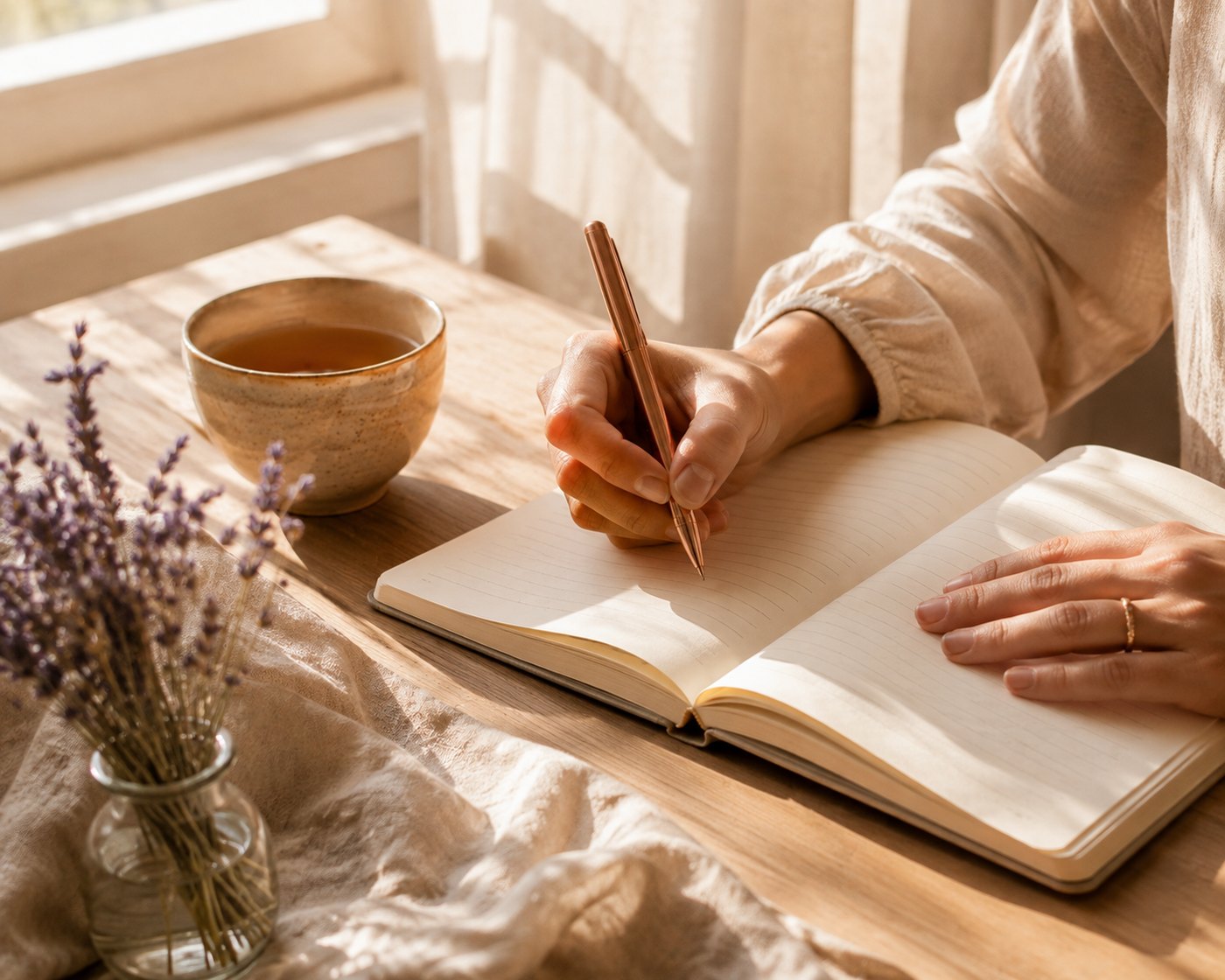 Mãos escrevendo em um caderno com luz da manhã